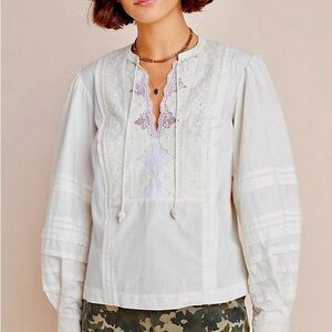 Anthropologie  Delilah Pleated Lace Peasant White Blouse